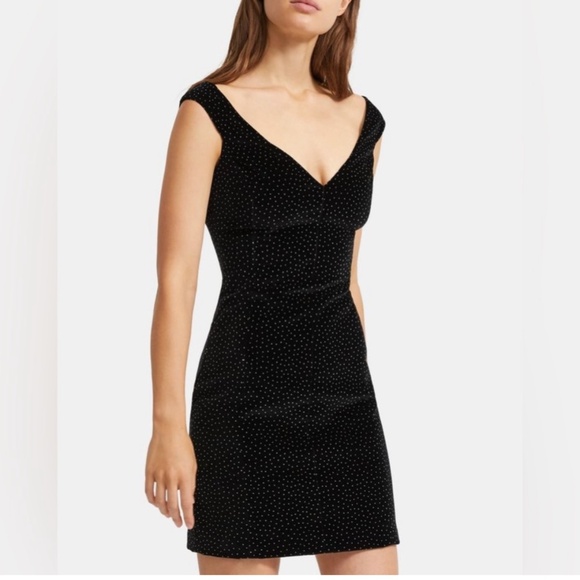 Theory Paneled Off-The-Shoulder Dress Black/White Dot Velvet Sz 4 Cocktail NWT - Picture 1 of 16